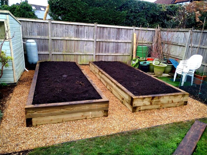 Raised vegetable beds built with sleepers